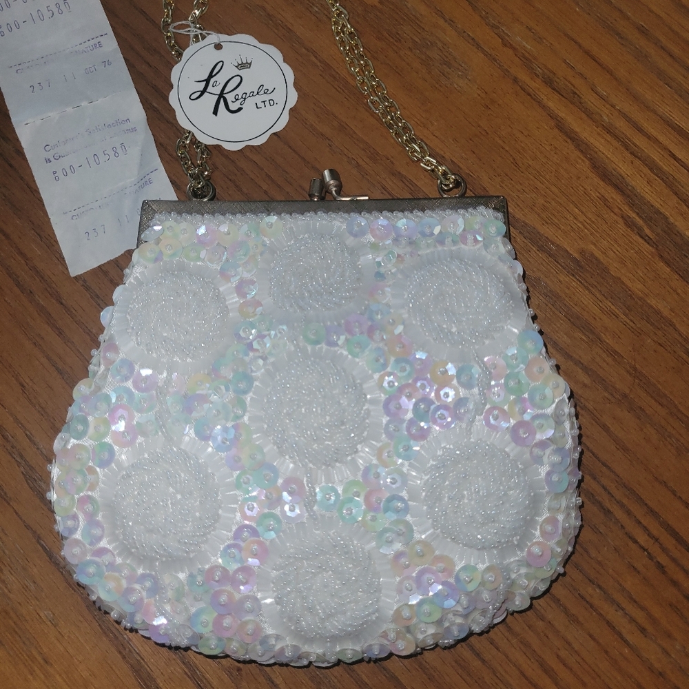 Vintage La Regale White Beaded Sequin Women's Bag/ Purse